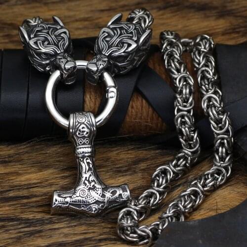Viking men thor hammer necklace wolf with mjolnir necklace stainless steel
