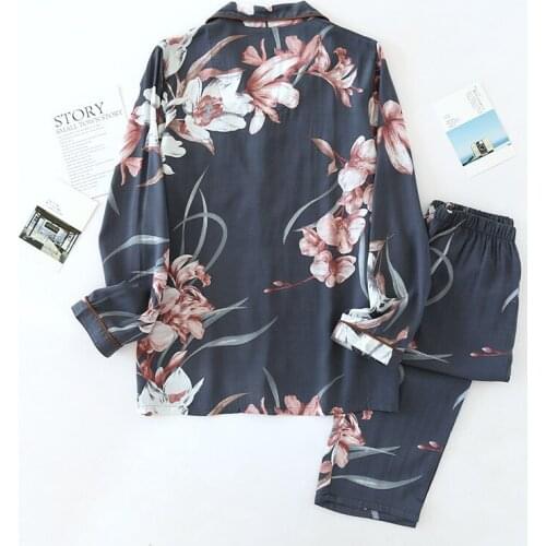 Spring and Summer Viscose Ladies Small Fresh Printed Artificial Cotton Pajamas Thin Cool Flowers Long-sleeved Home Service Suit