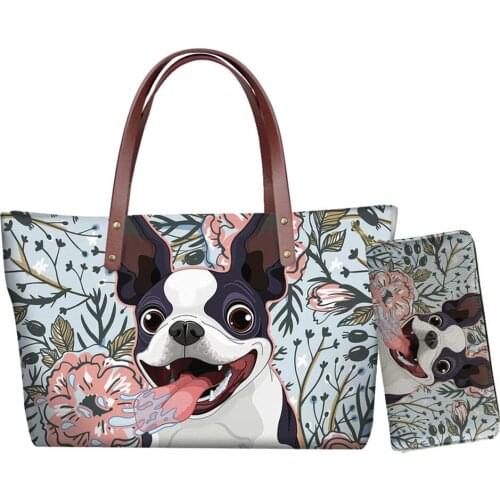 Boston Terrier Shoulder Bag Women Travel Large Capacity Female Handbags Tote Bag with Lone Leather Purse 2pcs Free Dropship 2021