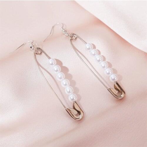 Punk Style Womens Fashion Silver Color Pin Drop Earrings For Women Trendy White Pearl Dangle Earring Ladies Party Jewelry Gift