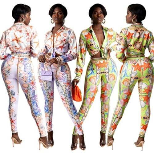 2021 Spring Autumn Fashion New Shirt Long-Sleeved Top + Casual Pants Sexy Digital Positioning Printing Two-Piece Suit Female