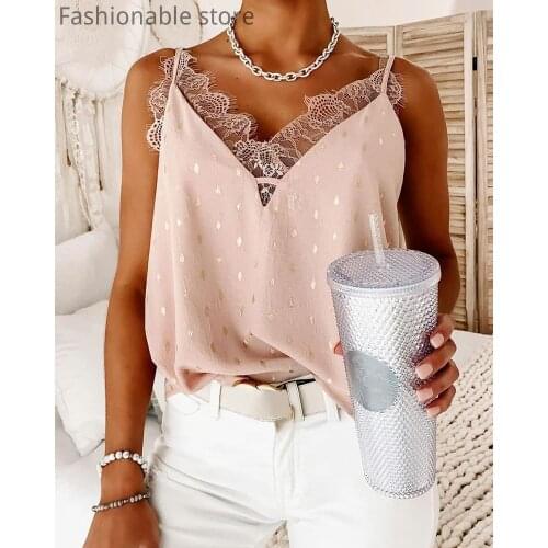 Women Eyelash Lace Trim Sleeveless Cami Top