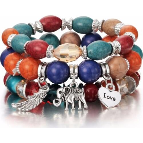 Hesiod Bohemian Artificial Coral Beads Crystal Charms Bracelets For Women Tibet Elephant Heart Multilayer Bracelets & Bangles