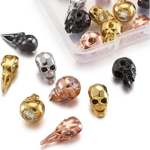1Set Halloween Brass Skull Head Micro Pave Cubic Zirconia Bead Vintage Skull Spacer Charm Beads for Necklace DIY Jewelry Finding