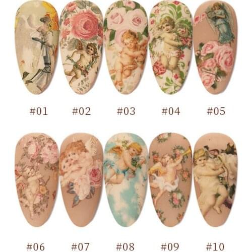 10Pcs/lot Angel Flower Pattern Nail Stickers Cupid Holo Nail Art Transfer Decals Slider Mixed Design Nails Decor Accessories