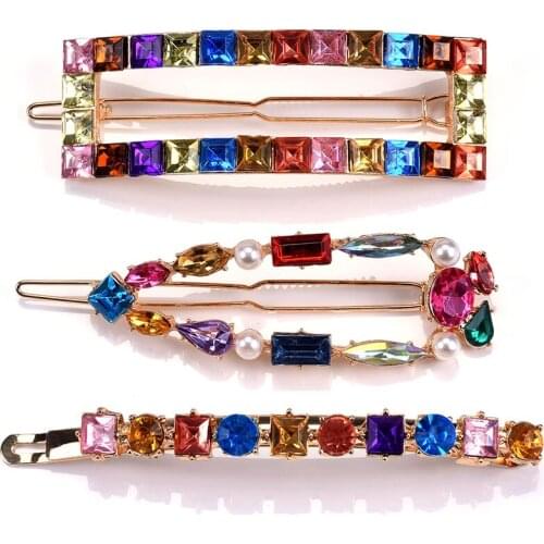 3pcs Colorful Glass Crystal Hairpins Women Wedding Bridal Statement ZA Hair Clip Jewelry Accessories Female Square Long Barrette