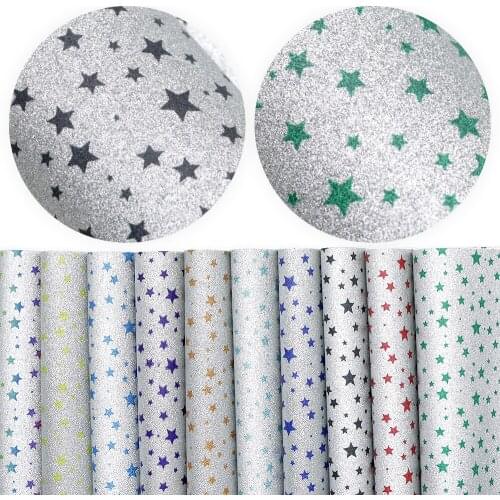 David accessories Star Printed 20*33cm Silver Fine Glitter Synthetic Leather Patchwork For Bows DIY handmade materials,1Yc11848