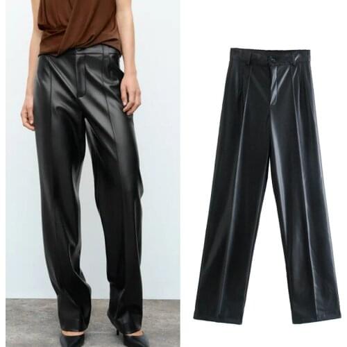 TRAF Za 2021 Faux Leather Pants For Women Wide Leg Black Pants Autumn High Waist Woman Trousers Fashion Streetwear Loose Pants