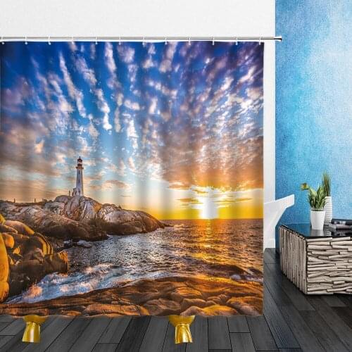 Scenery Shower Curtains Summer Dusk Sunset Seawater Rock Coastline Lighthouse Bathroom Decor Home Bath Polyester Fabric Curtain