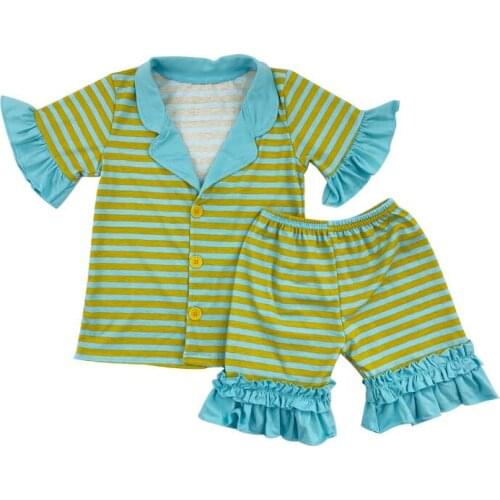 Children girl simple purple stripe pajamas children girl ruffle shorts pajamas set20