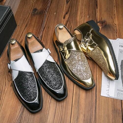 Formal Shoes Men Wedding Coiffeur Gold Elegant Shoes For Men Glitter Ltalian Men Party Shoes Brand Sequin Gold Black Male Shoes