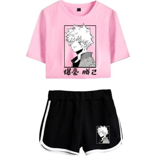 Hot Summer Comic My hero academia Pink Exposed Navel Black T-shirt+Shorts Womens two-piece Sets Casual Girls Suits Clothing