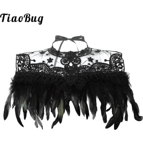 Women Girls Gothic Victorian Real Feather Embroidery Lace Collar Wrap Shrug Shawl Ribbon Ties Bib Halloween Costume Accessories