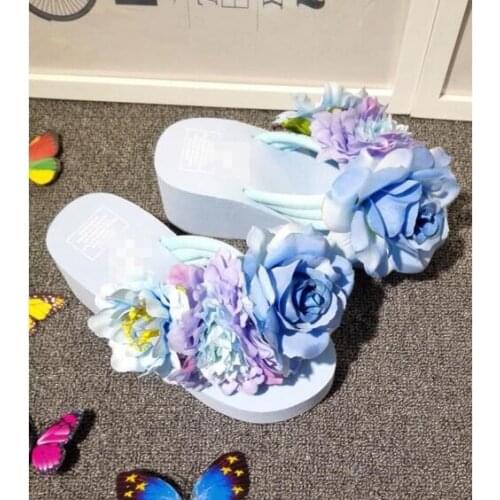 Summer fashion handmade flowers high heel flip flops slip slope with thick Korean female pinch beach sandals Free shipping
