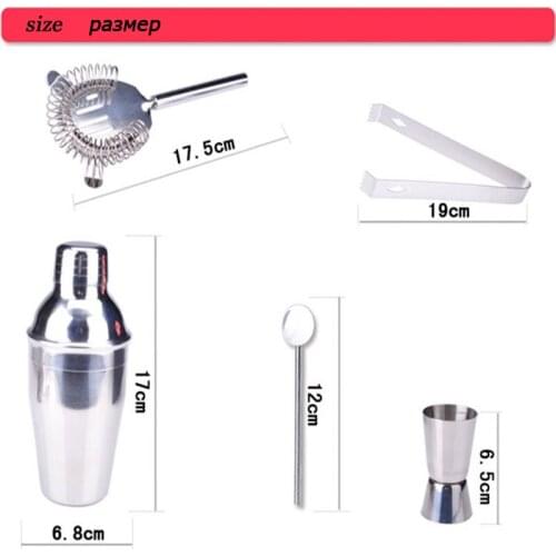 5pc/set 350ml Cocktail Shaker Set Professional Stainless Steel Cocktail Maker Jigger Ice Strainer Clip Spoon Bar Accessories