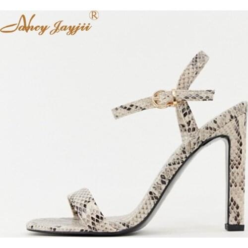 Women Sandals Ladies shoes Animal Prints Snakelike Ankle Strap Super High thin heels Buckle Novelty Mature Party Bling 2019