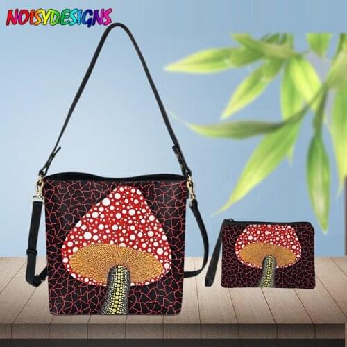 NOISYDESIGNS 2piece/set Fashion Mushrooms Colorful Designs Pu Womens Handbags Casual Ladies Tote Female Bucket Women Shoulder