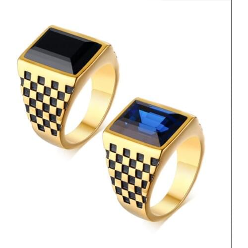 New Trendy Bohemian Blue Crystal Inlaid Ring Mens Ring Fashion Metal Gold-Plated Crystal Inlaid Ring Accessories Party Jewelry