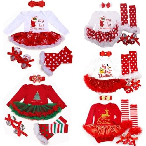 Baby Girl Clothes My First Christmas Newborn Xmas Reindeer Costumes Baby Tutu Romper Lace Girl Dress Shoes 4pcs Clothing Set New