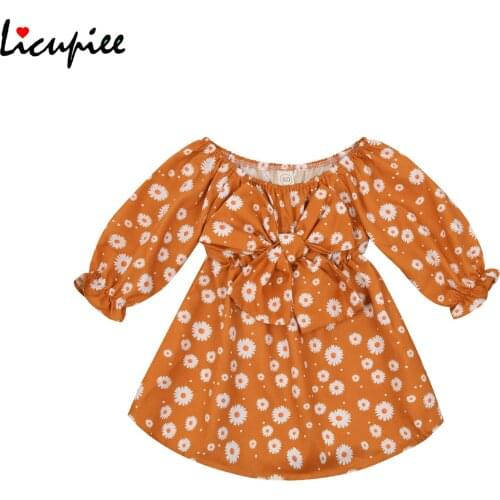 Baby Girls Daisy Print Dress with Bow-knot, Long Sleeve Boat Neck High Waist Sundress for Summer 1-5 Years
