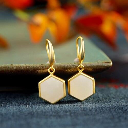Original S925 Sterling Silver Real Silver Hexagonal Non-Allergic Hetian Jade White Jade Gold Plated High-End Female Earrings Ear