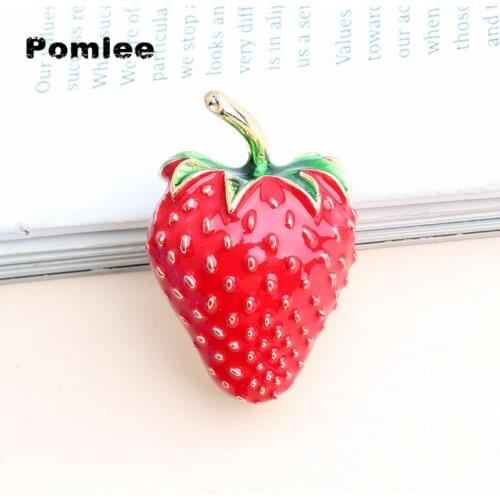 Pomlee Red Enamel Strawberry Brooches For Women Pin Plant Design Cute High Quality Jewellry Summer Style Weddings Party Gifts