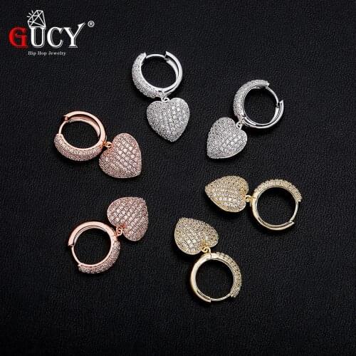 GUCY Heart-shaped Gold Color Stud Earring For Men Women Full Cubic Zircon Earrings Fashion Hip Hop Jewelry Gift