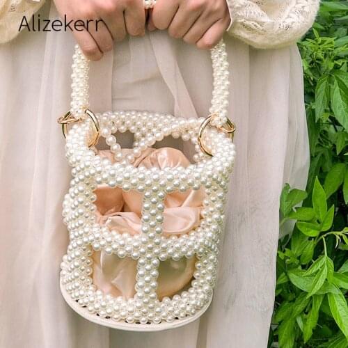 Hollow Out Pearl Bucket Handbag Women 2020 New Elegant Hand Woven Beaded Shoulder Bag For Wedding Party Cute Purse High Quality