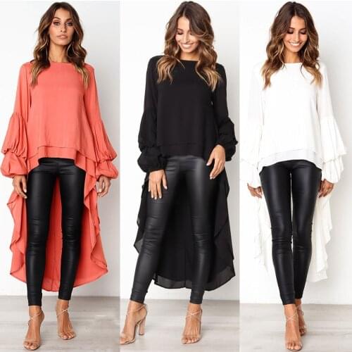 2021 Ladies Fall New Long Blouse Fashion Puff Sleeve Baggy Asymmetric Chiffon Long Shirts Lantern Long Sleeve Top Blusa Feminina