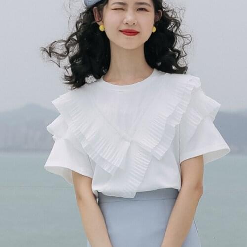 Woman Tshirts Appliques Puff Sleeve Korean Summer New Femme Tops Fashion Sweet Office Lady Solid O-Neck Short Sleeve Femme Tees