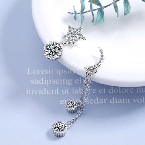 Womens Fashion Cute Asymmetric Moon Star Drop Earrings Shiny Crystal Paved Tassel Dangle Earring Exquisite Earring Stud Jewelry