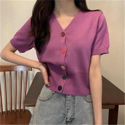 2021 Crop Tops Single-breasted Sweater Shirts Summer Colorful Buttons Thin Sweater Cardigan Women V-Neck Short Sleeve Cardigans