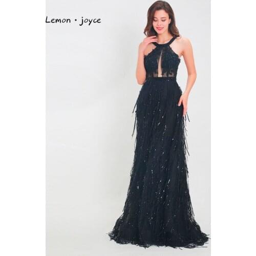 Lemon joyce Black Evening Dresses Long 2020 Sexy Backless Beading Festhers Party Evening Gowns Plus Size robe de soiree
