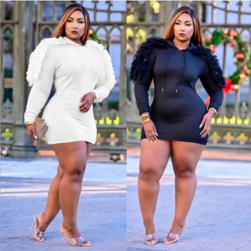 Plus Size Women Mesh Patchwork Mini Dress 2021 Spring Latest Ladys Drawstring Hoodies Long Sleeve Bodycon Casual Dresses