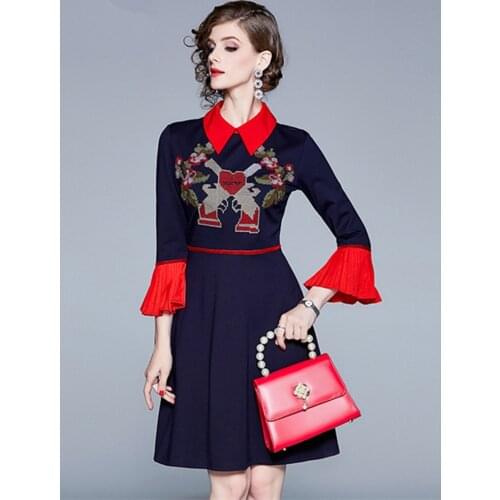 New Fashion Embroidered Dress 2020 Autumn Women Elegant Flare Sleeve Contrast Turn-Down Collar Vintage Slim Office Lady Dress