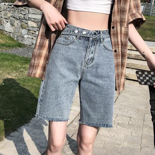 Hong Kong Style Thin Riding Pants 5-Point Shorts Tide High Waisted Five Point Jeans Womens Straight Loose 2021 Summer New Style