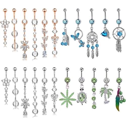 1pc Zircon Belly Button Rings Navel Piercing Stainless Steel Bar Ombligo Dangling Flower Pendant for Woman Sexy Body Jewelry 14G