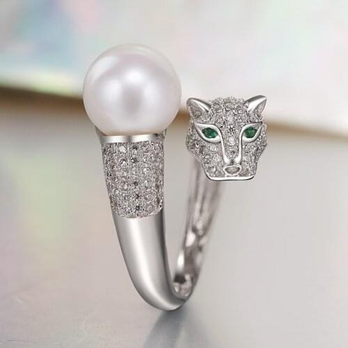 Freshwater Cultured Pearl Ring 925 Sterling silver Panther Leopard Fashion Fine Elegant Womens Jewelry Queen Birthstone Gift