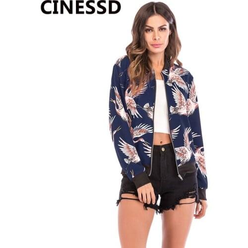 CINESSD Women Crane Print Jacket Coat Blue Long Sleeves Cardigan Zipper Patchwork Casual Autumn Sport Loose Baseball Jacket Coat