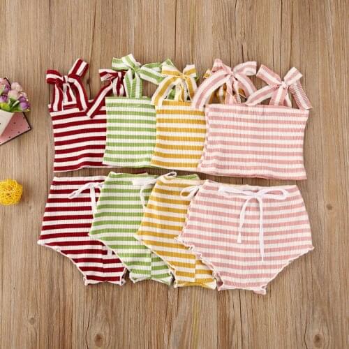 Summer Toddler Infant Kids Baby Girls Clothes Set Cute Stripe Knited Lace Up Strap Tube Top+High Waist Short Bottom 2pcs Outfits