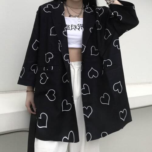 Small suit jacket female summer design love black loose thin short-sleeved suit trend shirt top clothes Y2K punk tshirt t-shirt