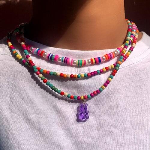 Multi-layer Bear Rainbow Soft Clay Beads Choker Necklaces For Women Boho Handmade Pearl Beaded Chain Necklace Collar Jewelry New