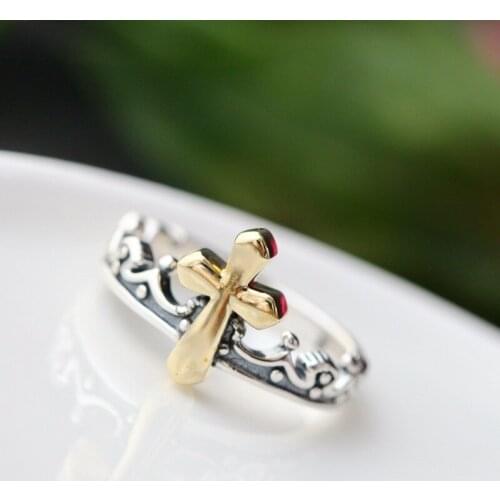 Men and women with the cross Thai silver ring 925 sterling silver restoring ancient ways open forefinger mustard