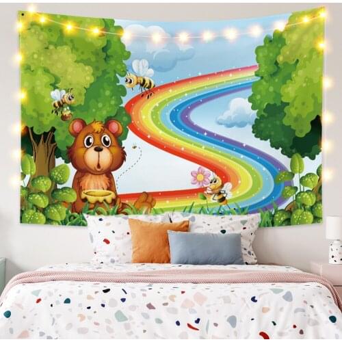 Forest Rainbow Channel Background Sky Bee Flowers and Grass Wall Hanging Tapestry Living Bedroom Photography Decoration Tapestry