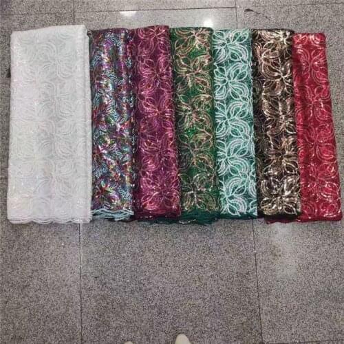 New white cheap African Sequin Lace Fabric 2021 French Net Sequence Embroidery Nigerian Wedding Party dress Line Tulle green