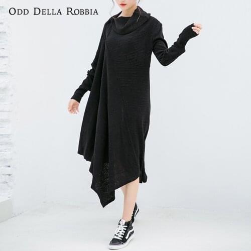 OddDellaRobbia New Women Vintage Long Sleeve Dress Loose Sundress Robe Irregular Tailoring sweater Personalized neckline 291
