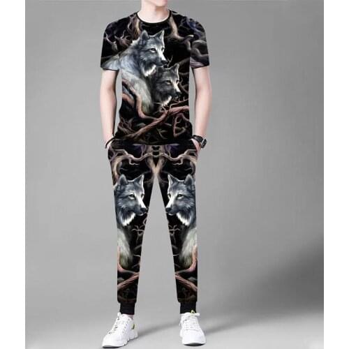 New fashion Chinese style beauty and wolf suit summer short-sleeved T-shirt + trousers 2 casual 3D wolf print mens clothing