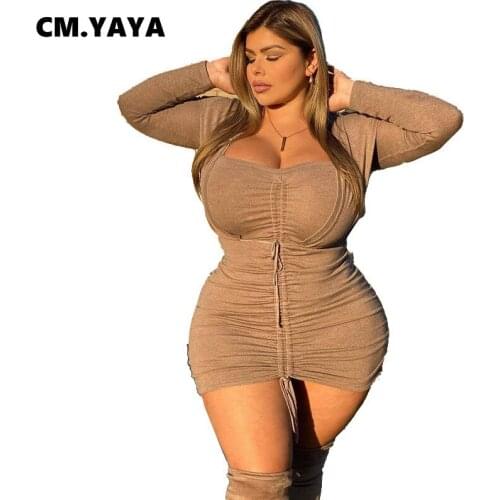 CM.YAYA Plus Size Women Dress Skinny Elastic Full Sleeve Square Collar Empire Mini Dresses Office Lady Streetwear Spring 2021