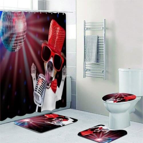 Cute Terrier in Headphone Shower Curtain Hooks Set for Bathroom Toilet Dogs Funny Portrait Bath Mat Doormats Anti-slip Floor Rug