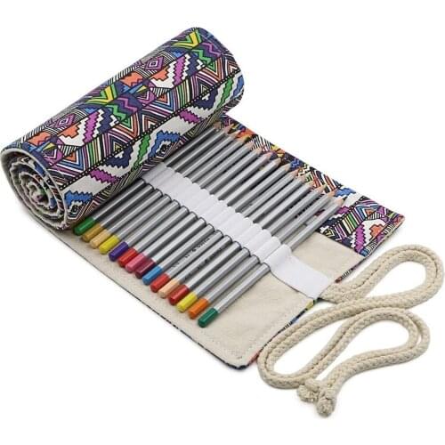 Bohemian Style Pencil Wrap Bag, 36/48/72 Slot Canvas Folding Pouch Roll for Brush Marker Pens Stationery School Travel A6573